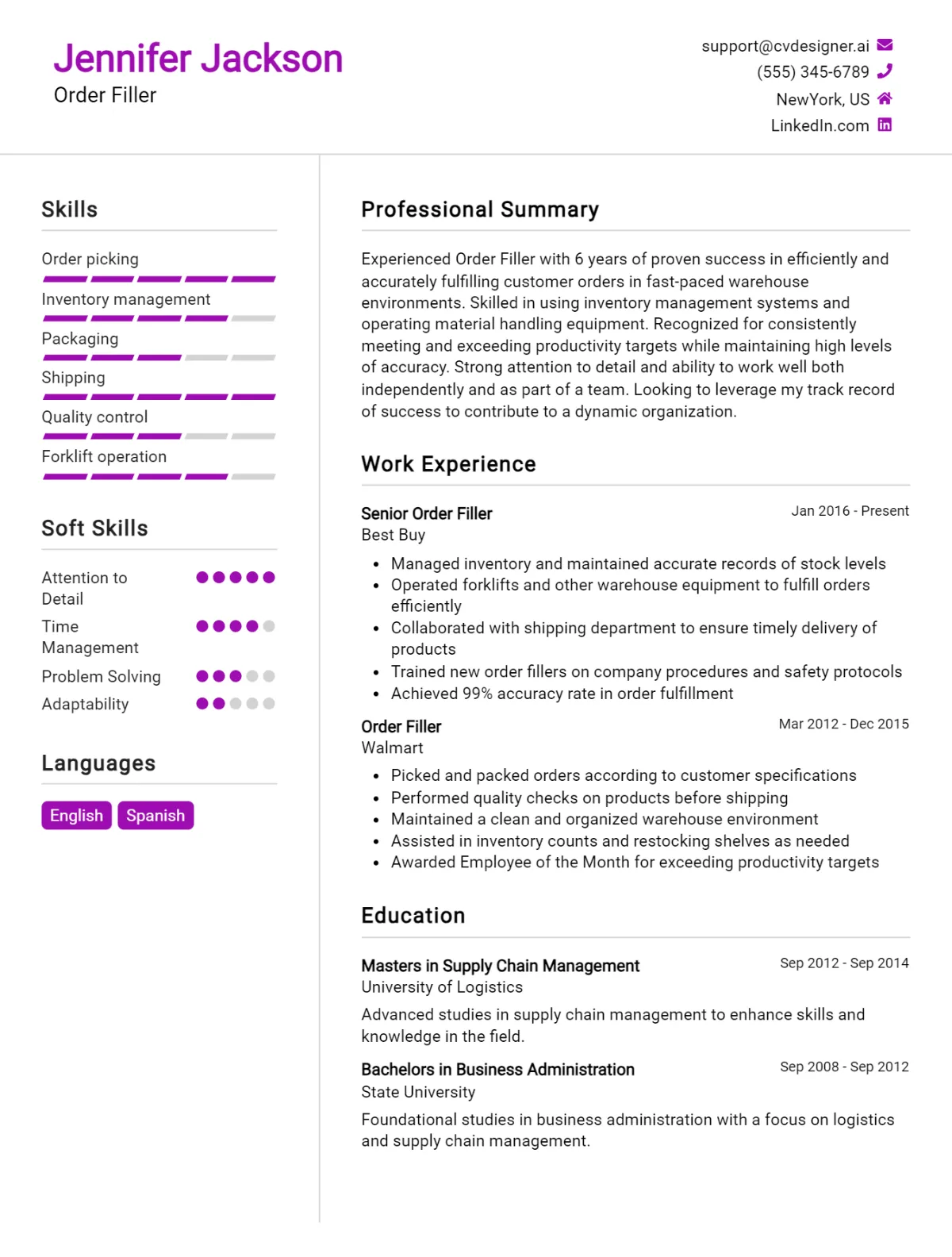 Order Filler CV Example