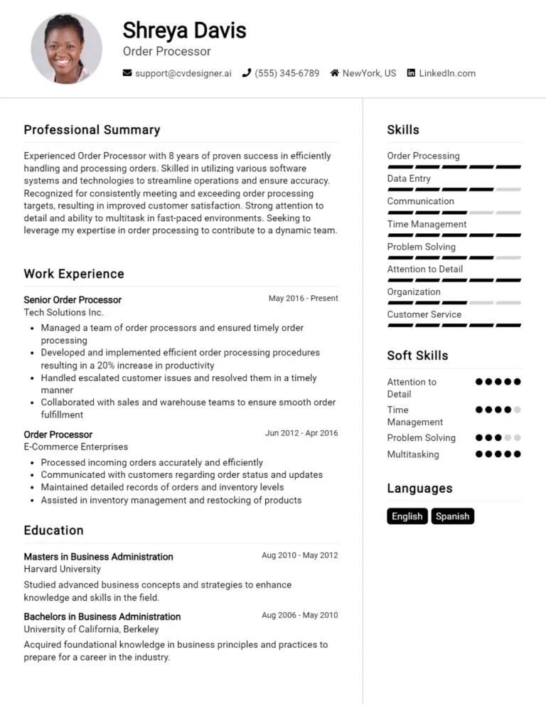 Order Processor CV Example For 2025: Professional CV Templates