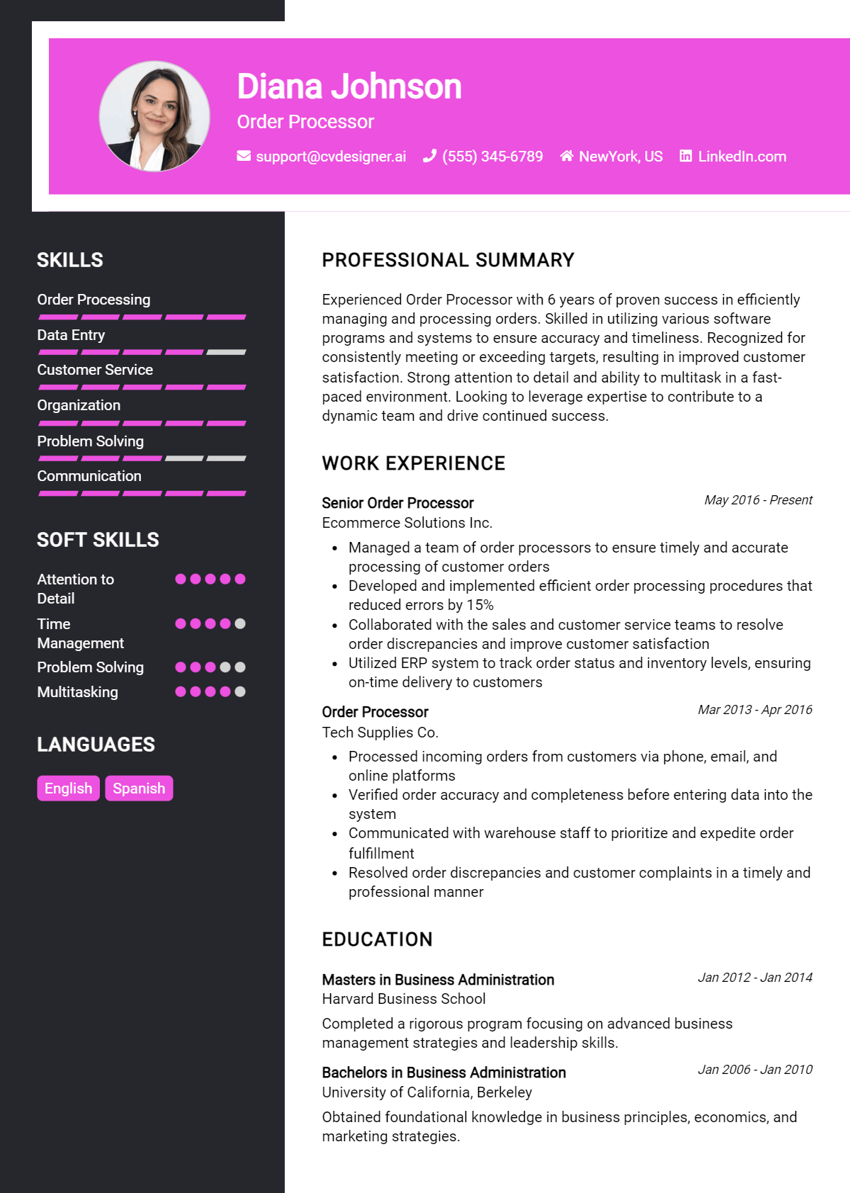 Order Processor Resume Example