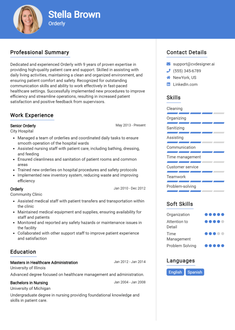 Orderly Resume Example for 2025: Top CV Skills