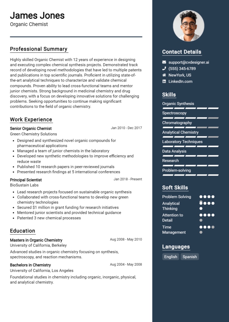 Organic Chemist Resume Example for 2025: Professional CV Templates