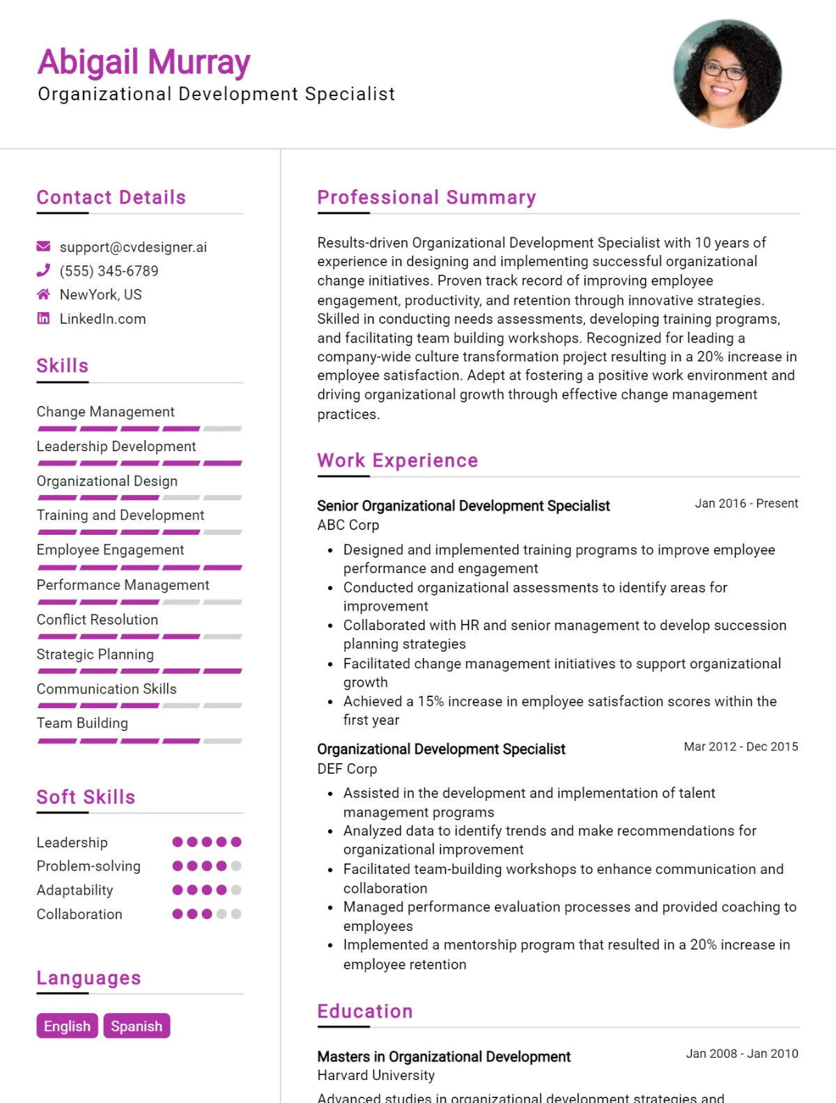Organizational Development Specialist CV Example
