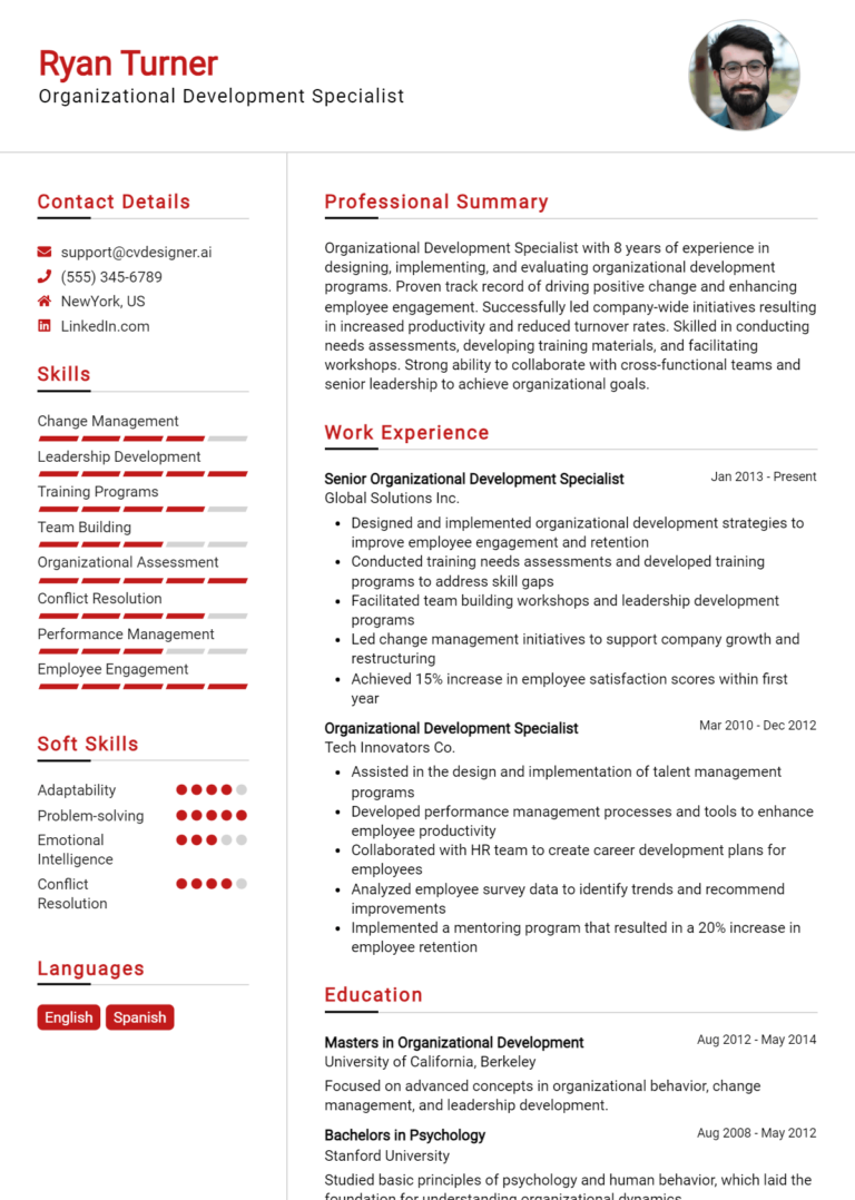 Organizational Development Specialist Resume Example for 2025: Free Samples