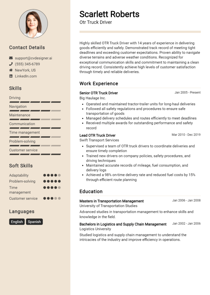 Otr Truck Driver Resume Example
