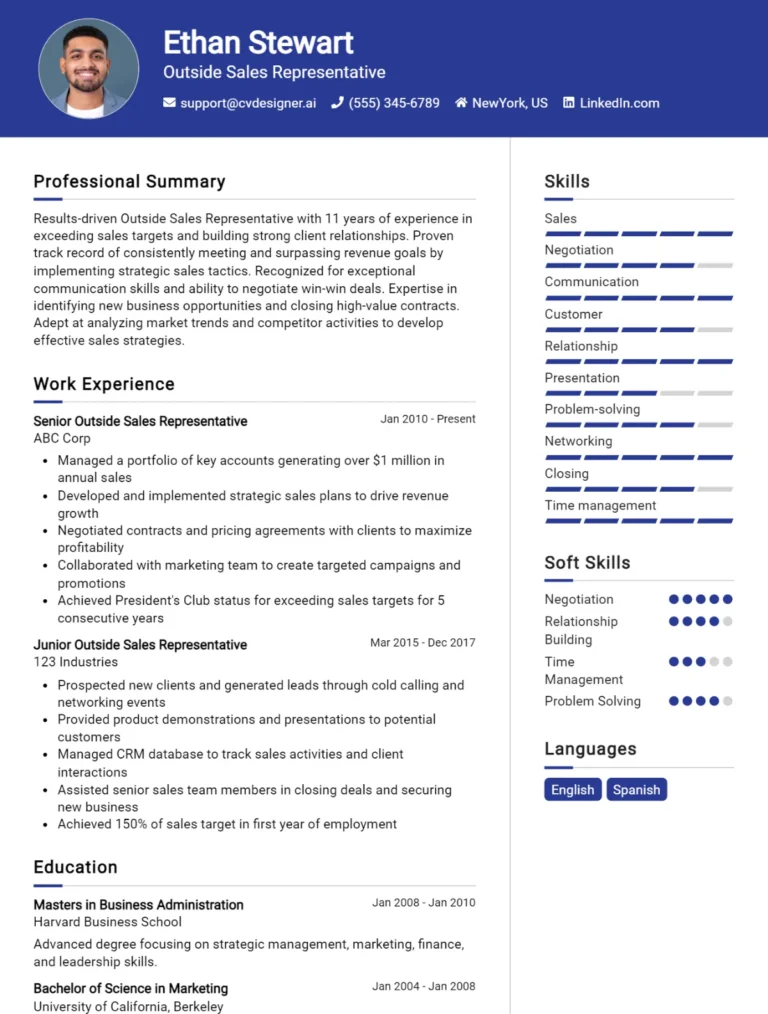 Outside Sales Representative CV Example For 2025: Expert Tips & Templates