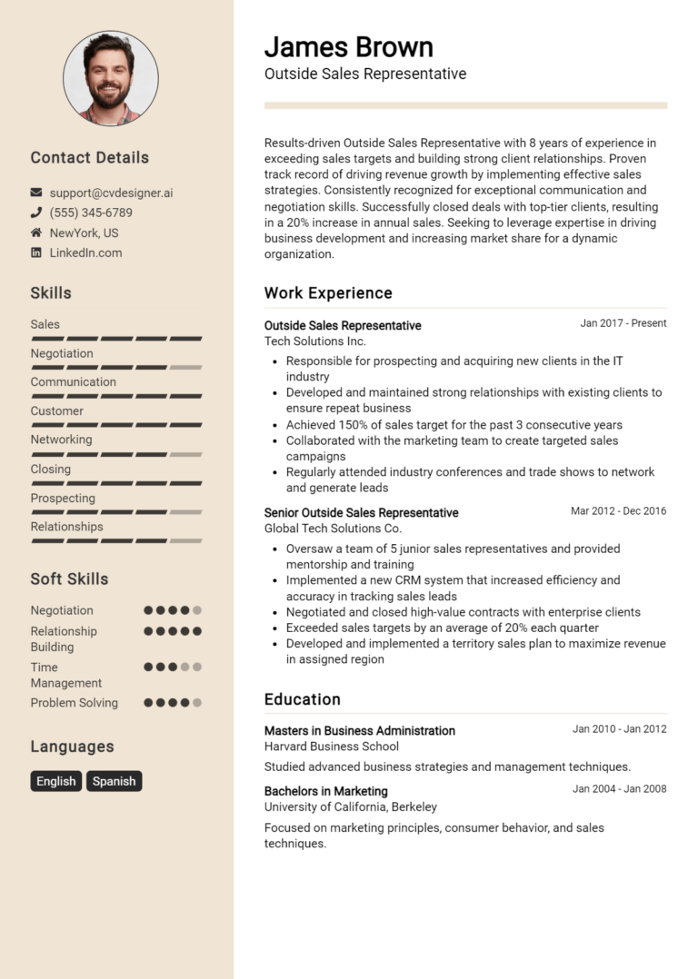 Outside Sales Representative Resume Example for 2025: Expert Tips