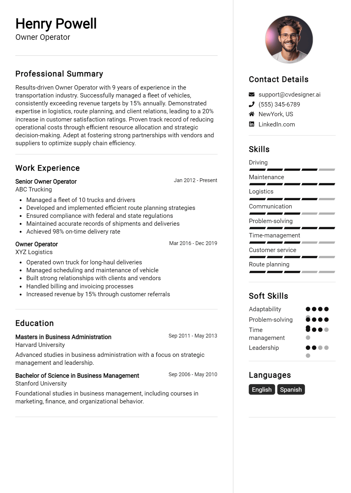 Owner Operator Resume Example