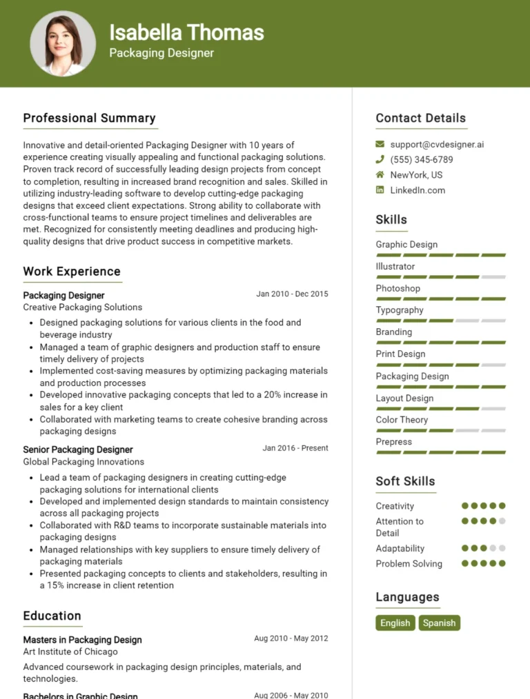 Packaging Designer CV Example For 2025: Effective CV Writing Tips