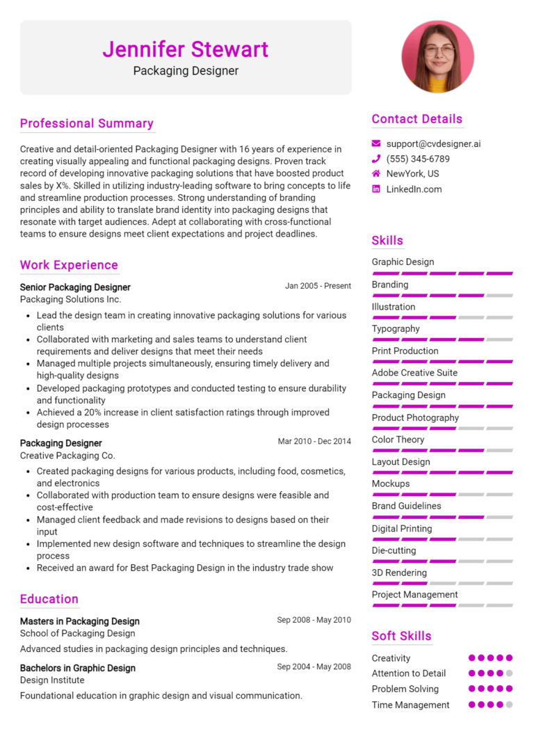 Packaging Designer Resume Example for 2025: Ultimate Guide