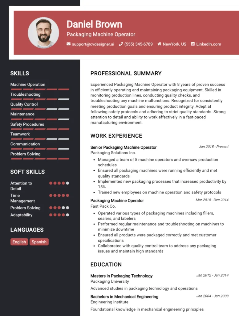 Packaging Machine Operator CV Example