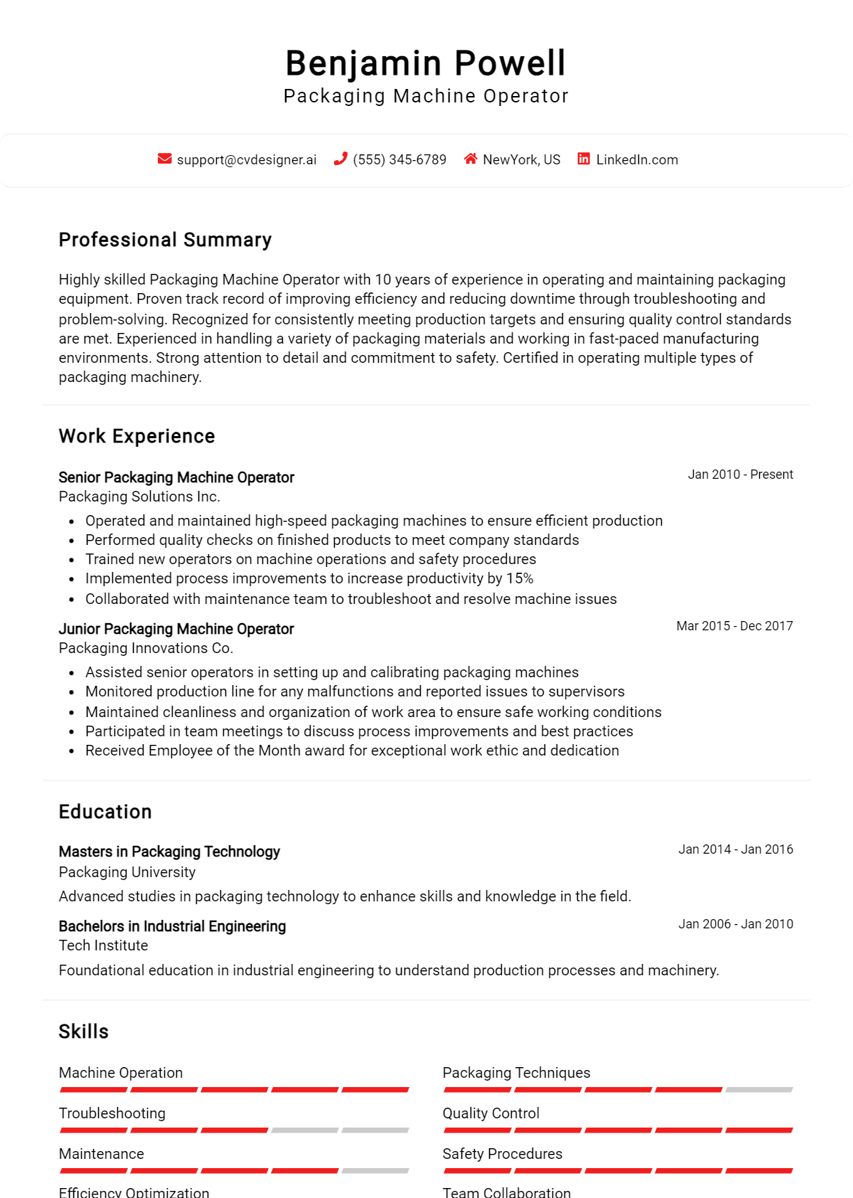 Packaging Machine Operator Resume Example
