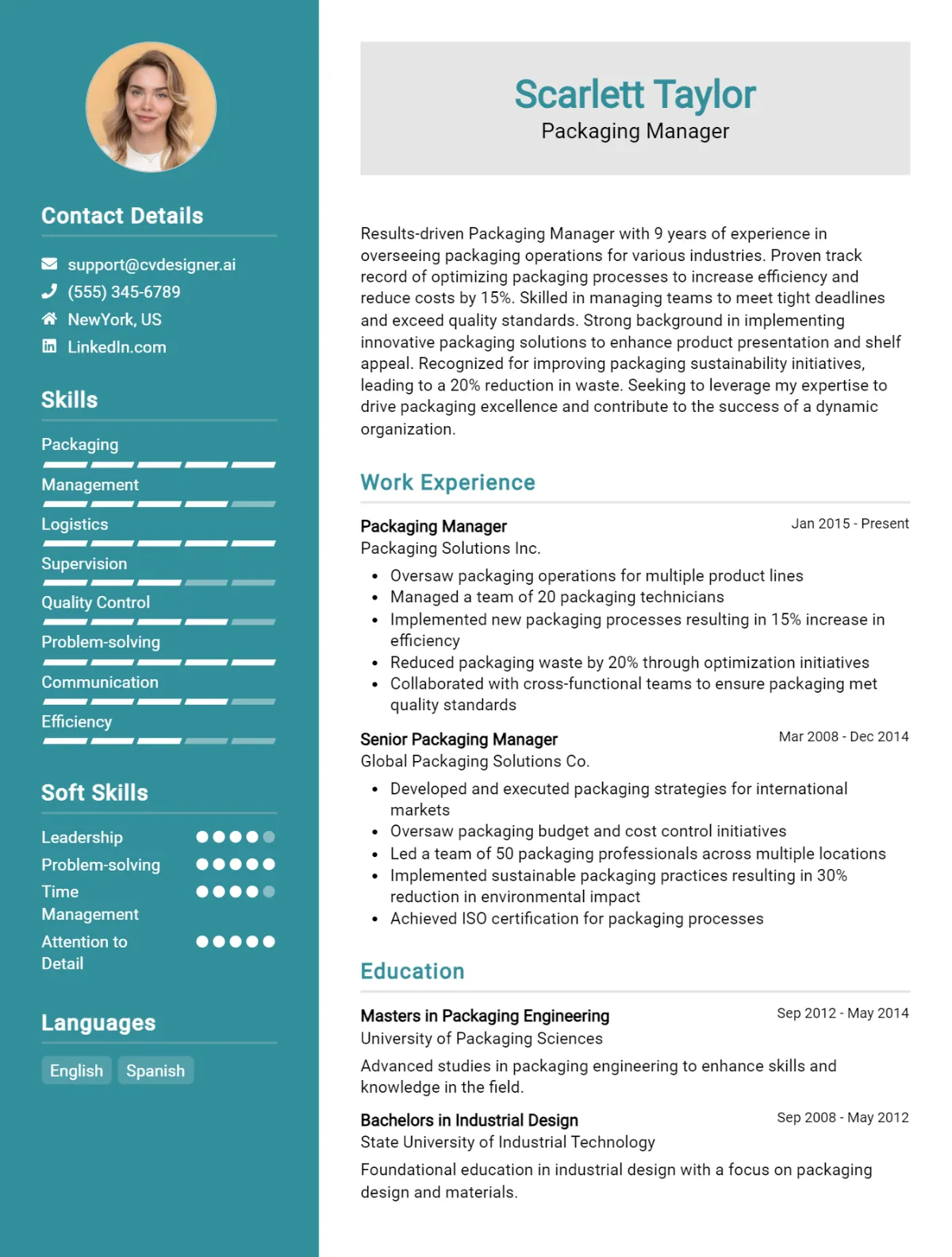 Packaging Manager CV Example