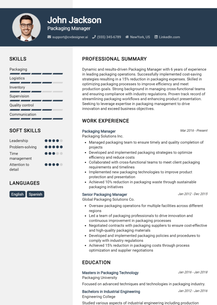 Packaging Manager Resume Example