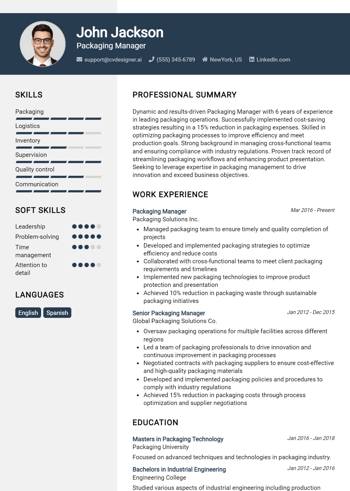 Packaging Manager Resume Example