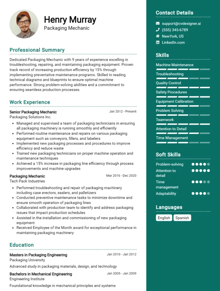 Packaging Mechanic CV Example For 2025: Free Professional Templates