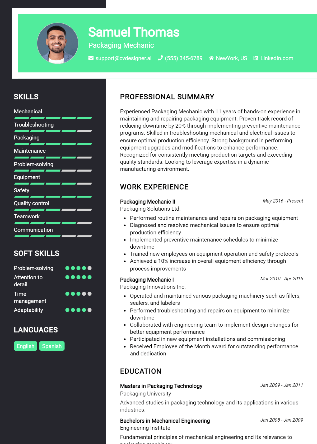 Packaging Mechanic Resume Example