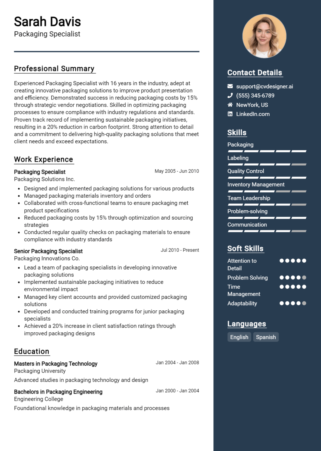 Packaging Specialist Resume Example for 2024: Professional CV Templates ...