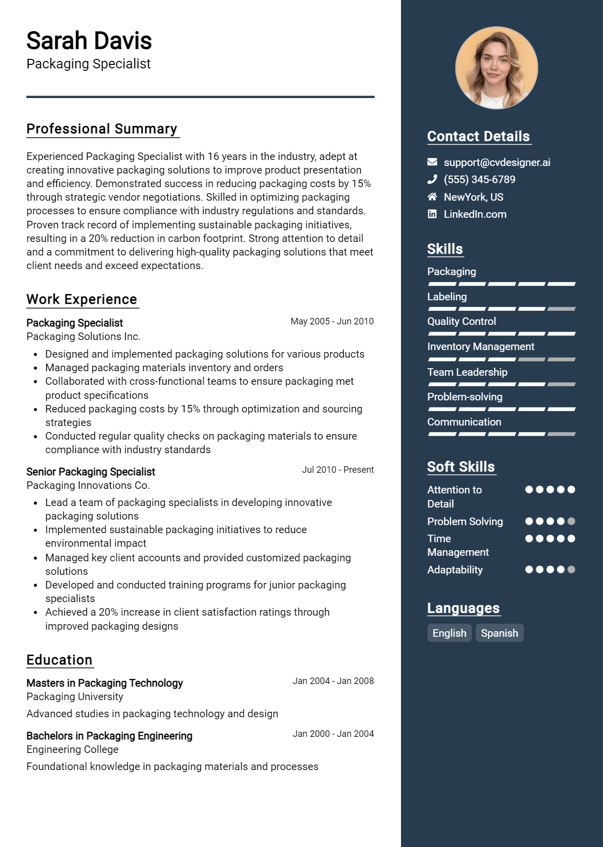 Packaging Specialist Resume Example