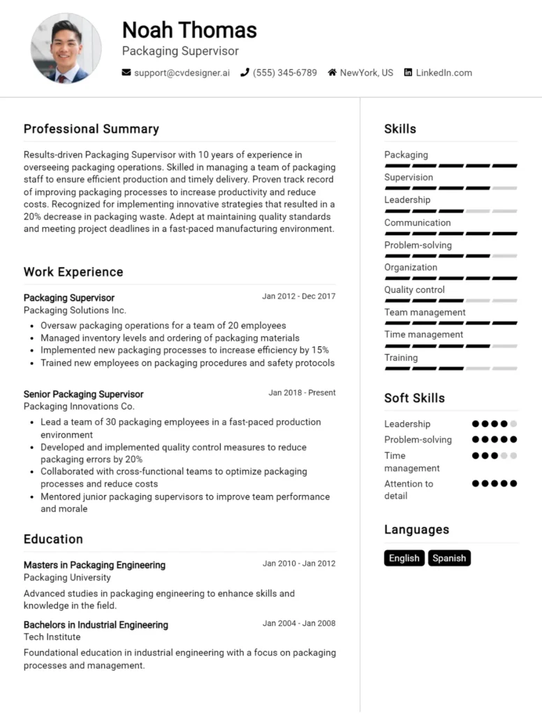 Packaging Supervisor CV Example