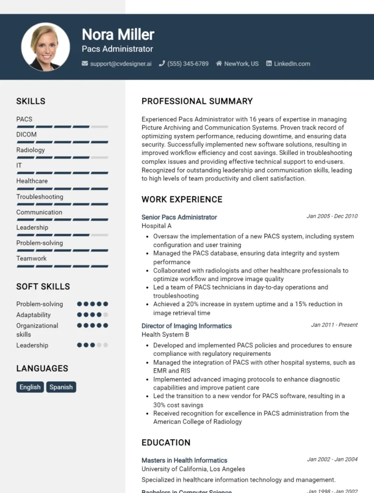 Pacs Administrator CV Example For 2025: How to Create a Professional CV