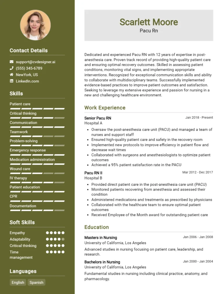 Pacu RN CV Example For 2025: Strategies & Templates