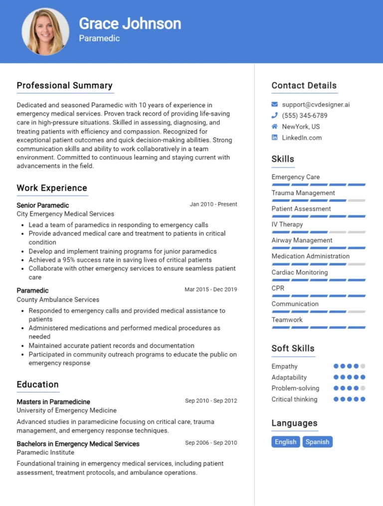 Paramedic CV Example For 2025: Ultimate Guide