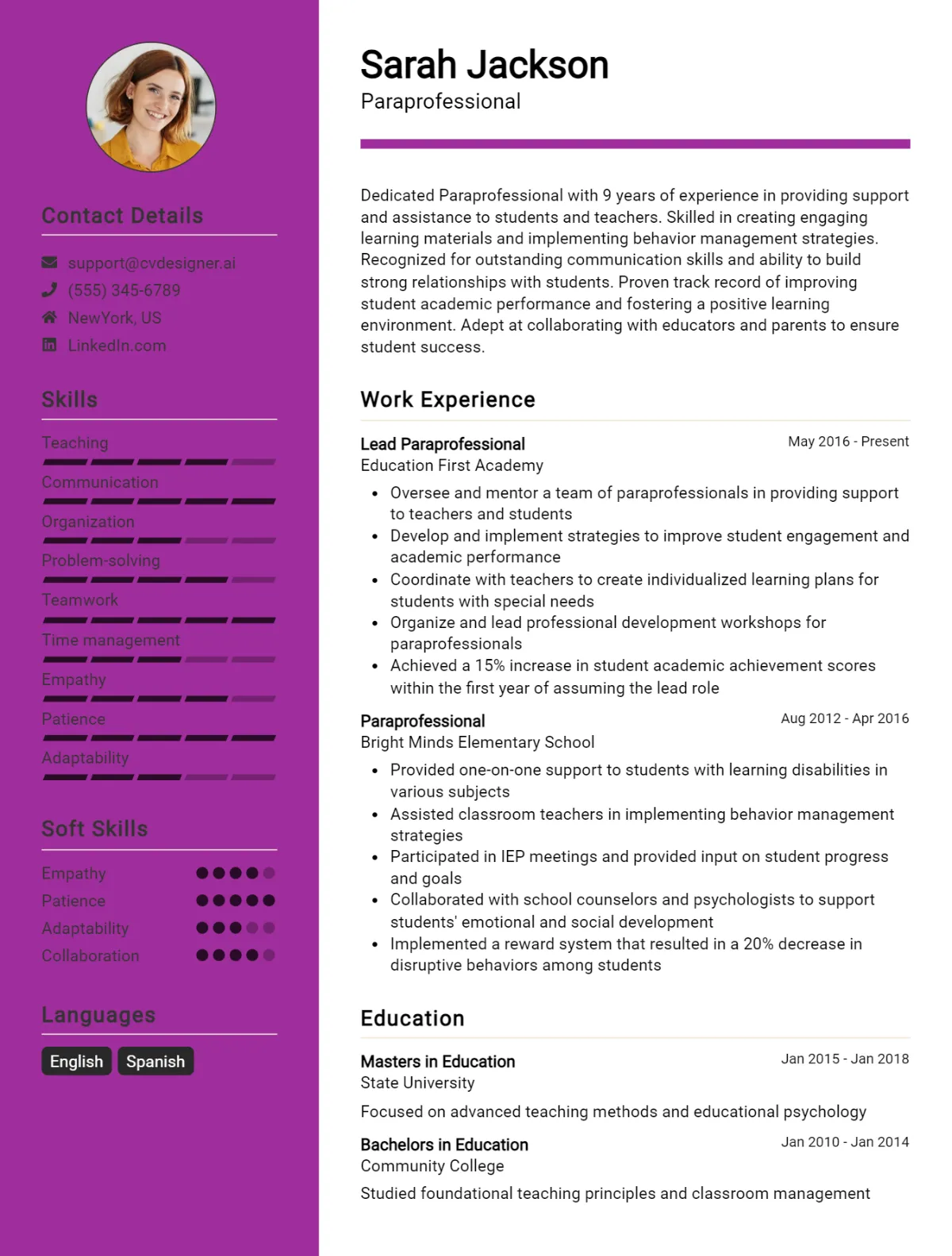 Paraprofessional CV Example