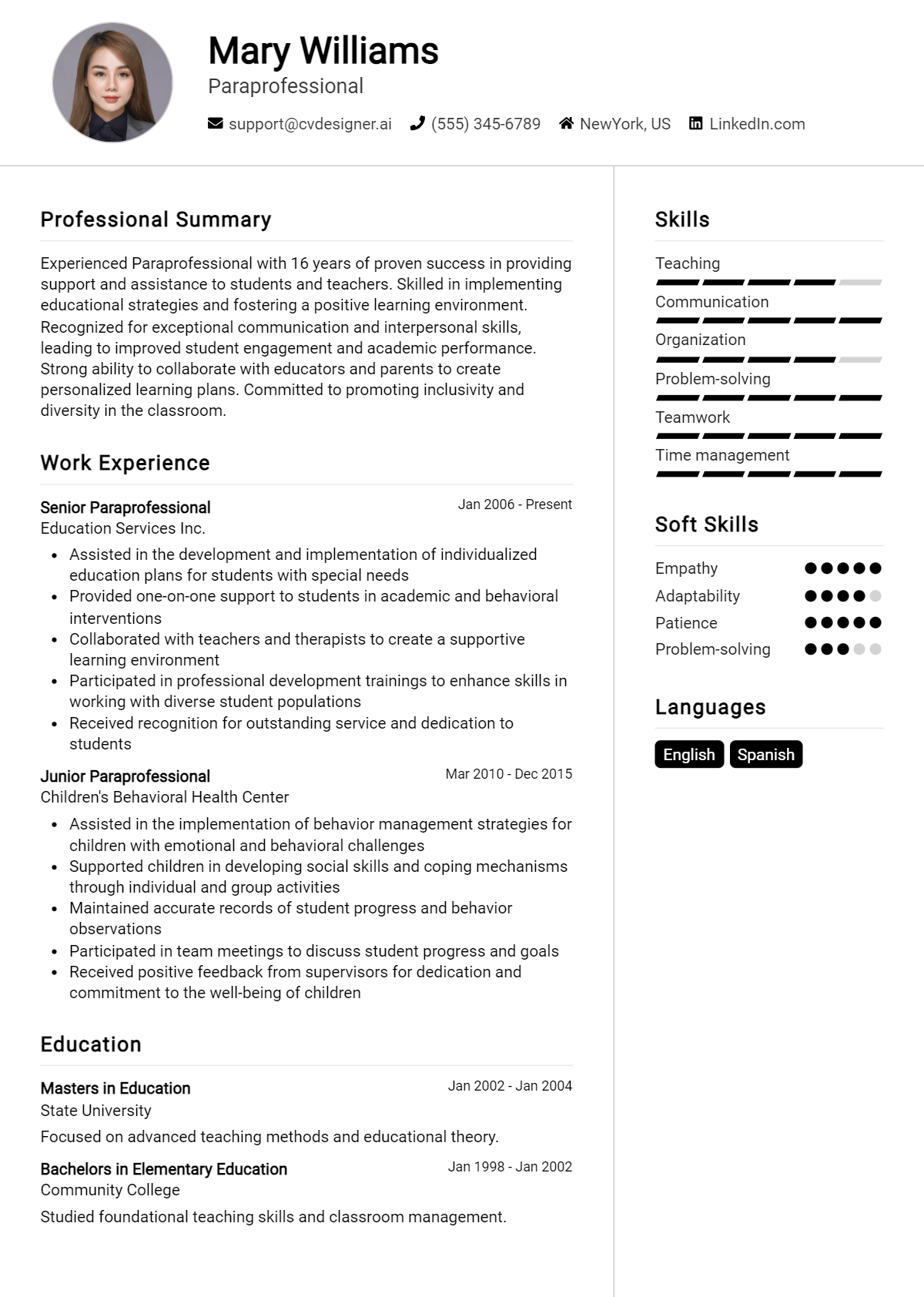 Paraprofessional Resume Example