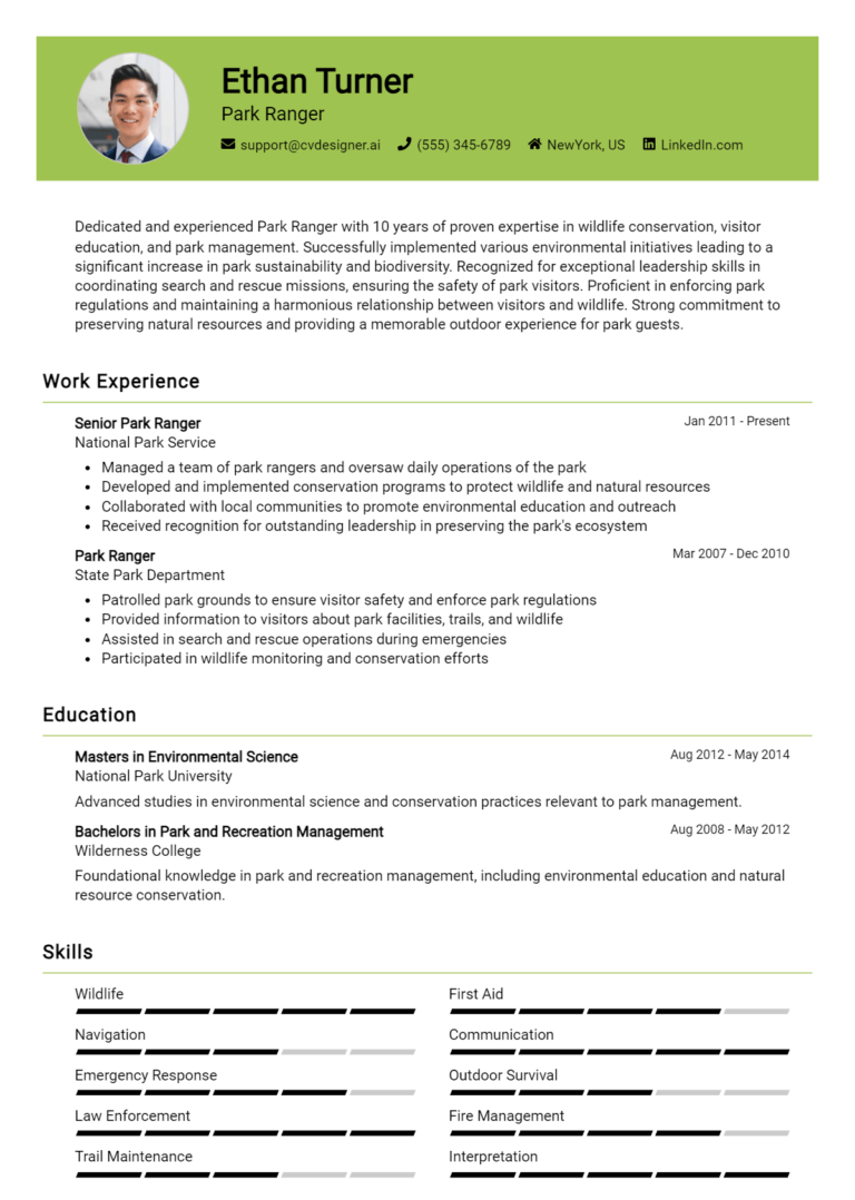 Park Ranger Resume Example for 2025: Free Guide