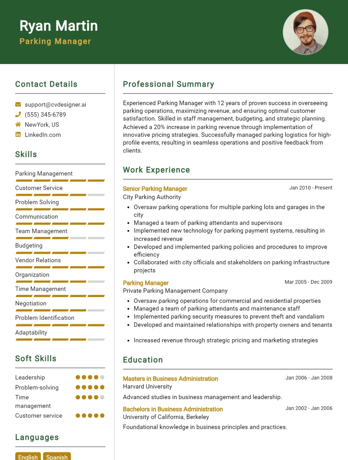 Parking Manager CV Example