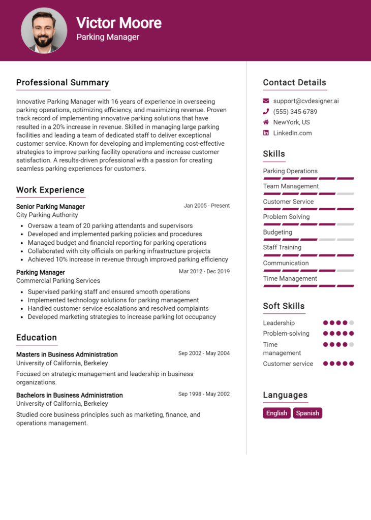 Parking Manager Resume Example for 2024: Free Examples - CVDesigner.ai