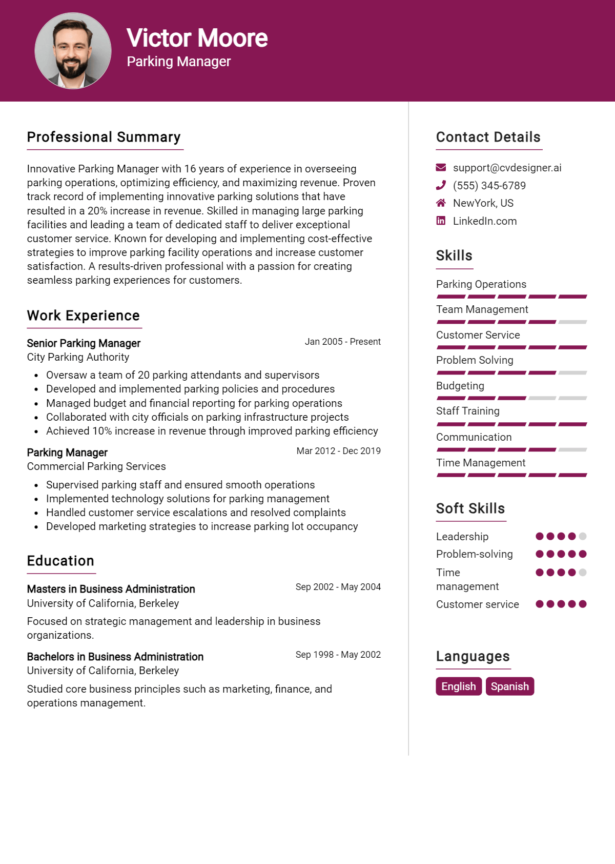 Parking Manager Resume Example