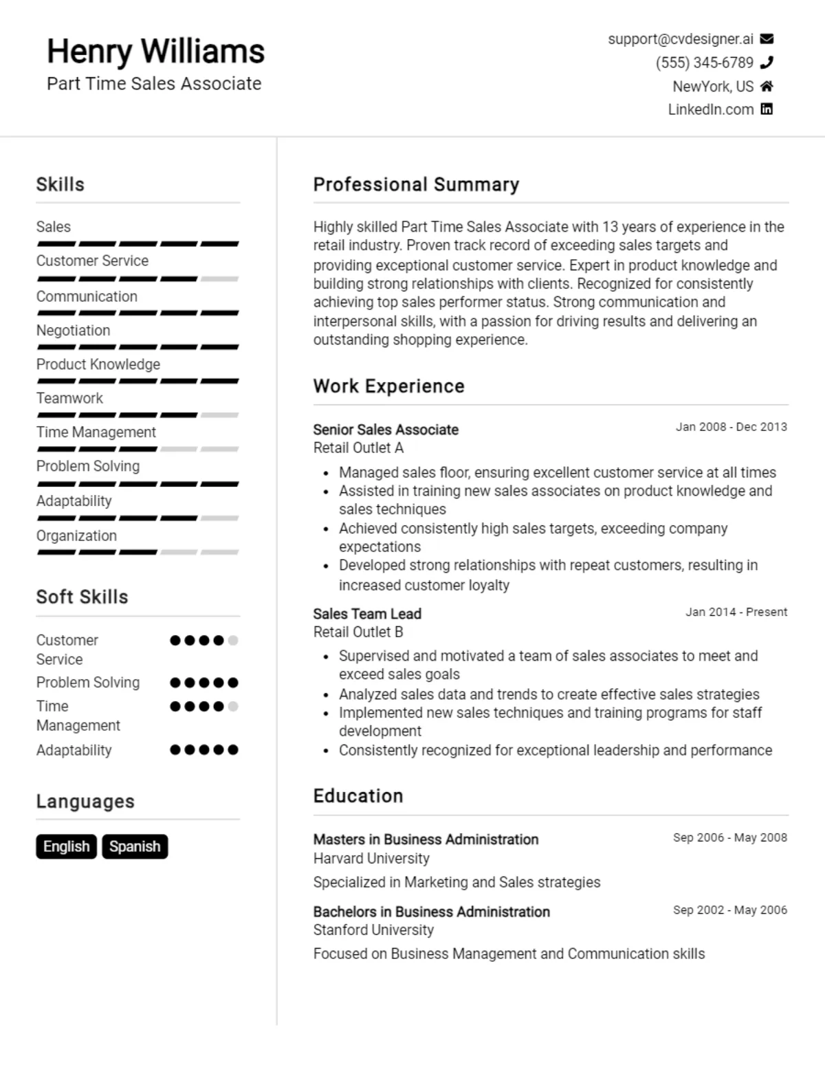 Part Time Sales Associate CV Example