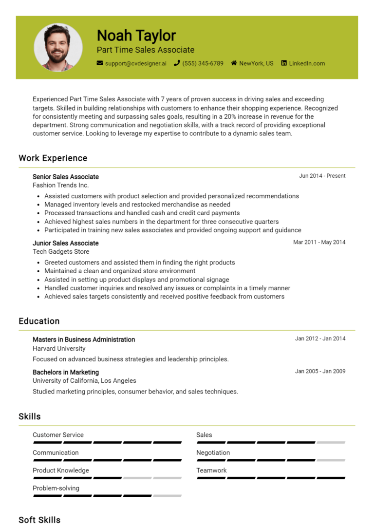 Part Time Sales Associate Resume Example for 2025: Downloadable Templates