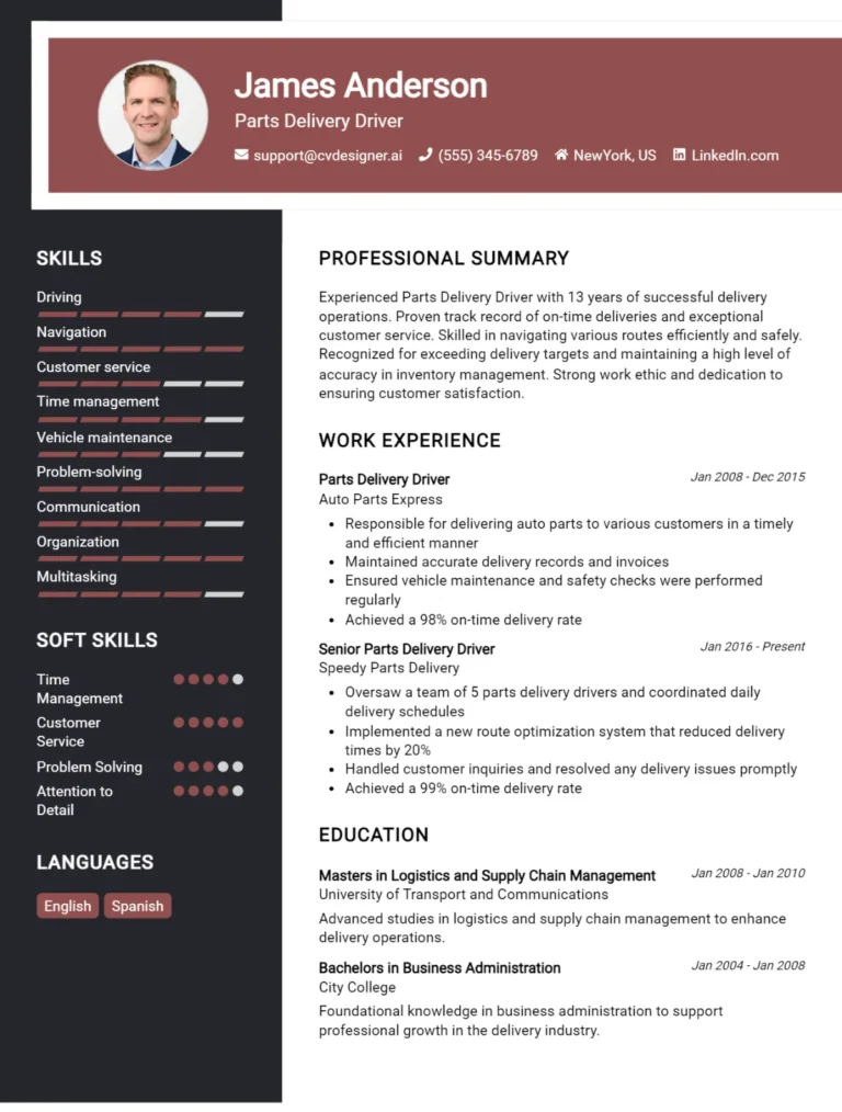 Parts Delivery Driver CV Example For 2025: Top CV Skills