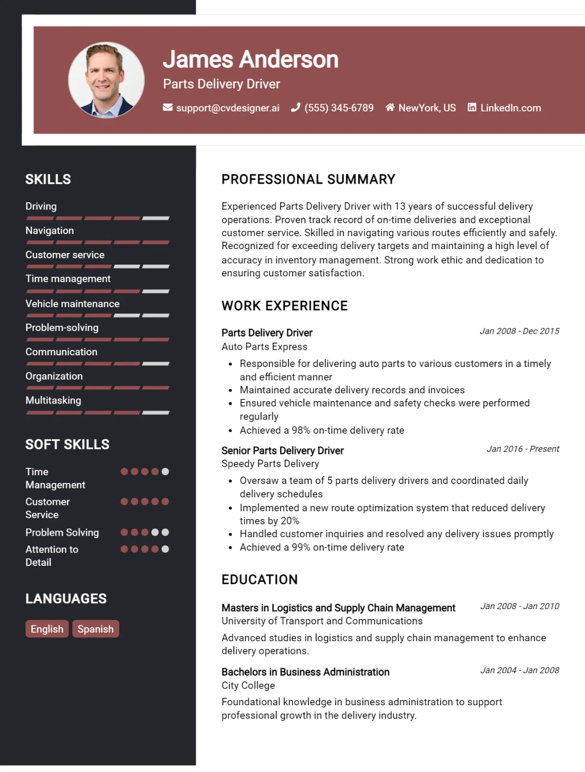 Parts Delivery Driver CV Example
