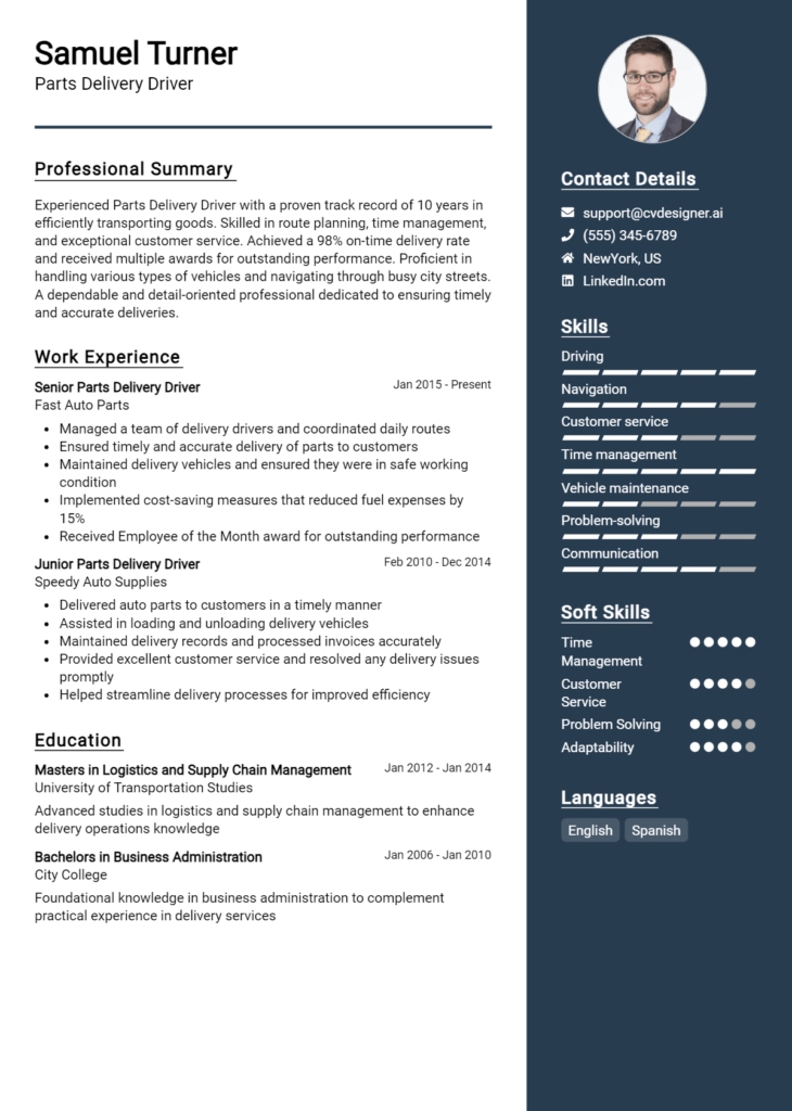 Parts Delivery Driver Resume Example