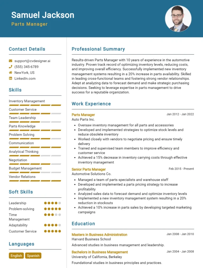 Parts Manager CV Example For 2025: Expert Tips & Templates