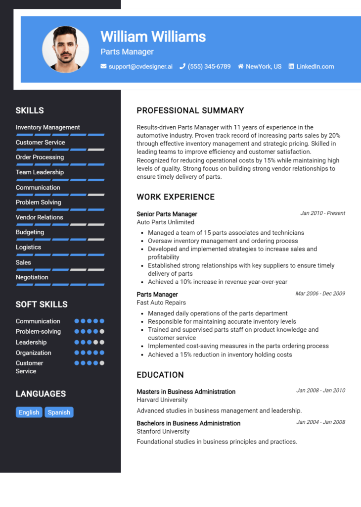 Parts Manager Resume Example for 2024: Top CV Skills - CVDesigner.ai