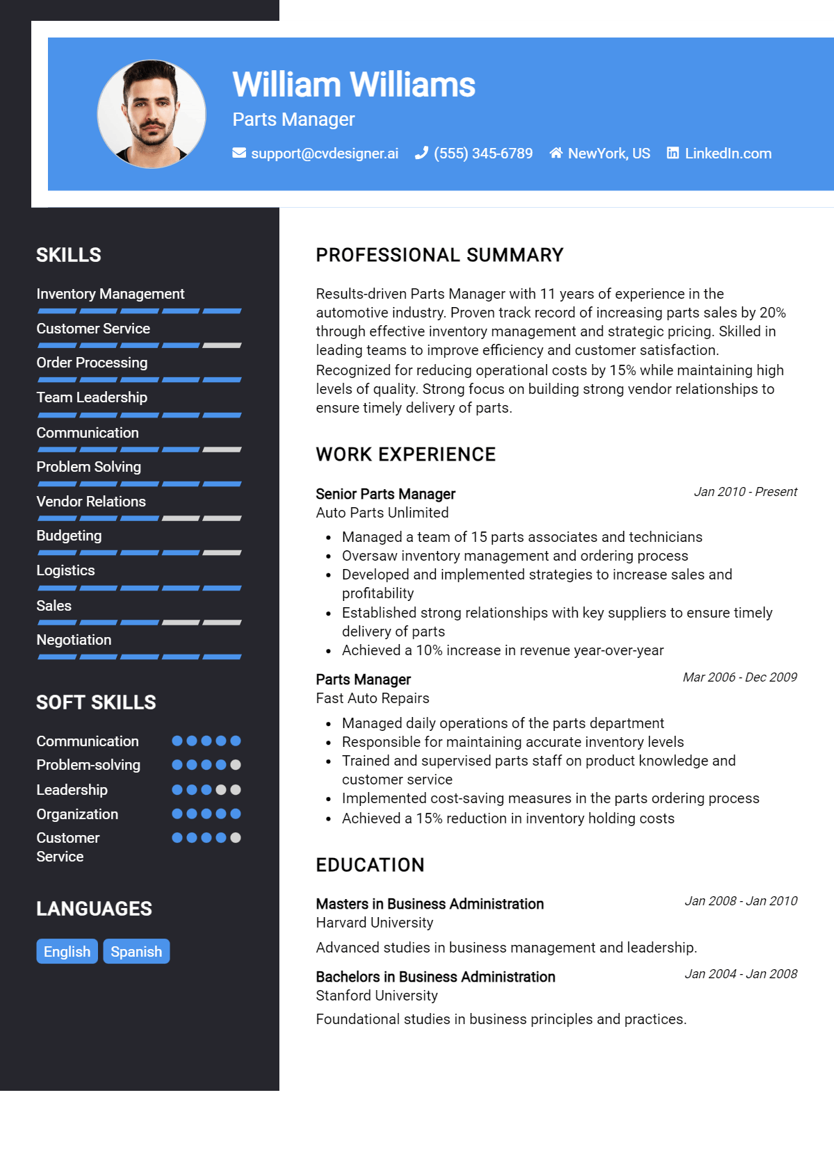 Parts Manager Resume Example for 2024: Top CV Skills - CVDesigner.ai