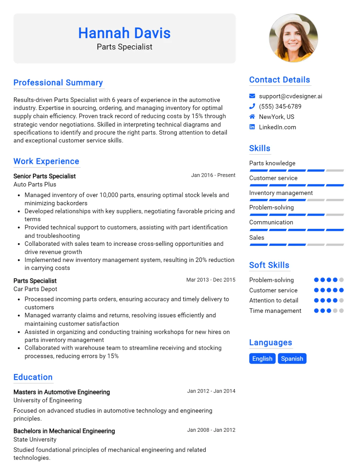 Parts Specialist CV Example