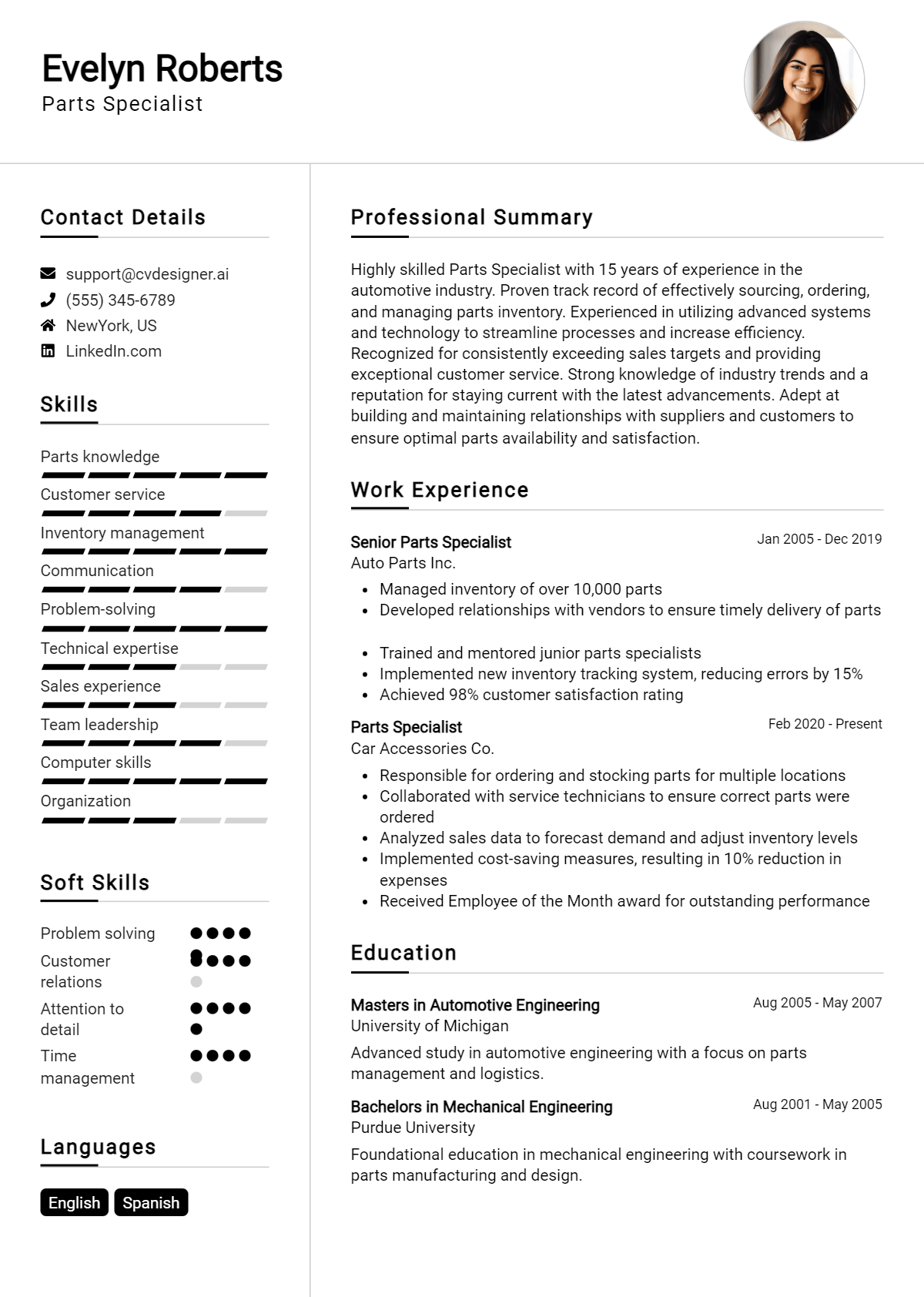 Parts Specialist Resume Example