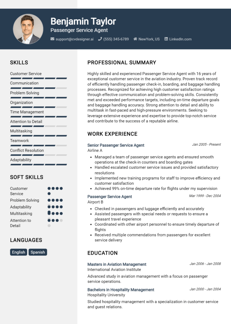 Passenger Service Agent Resume Example for 2025: Free Professional Templates