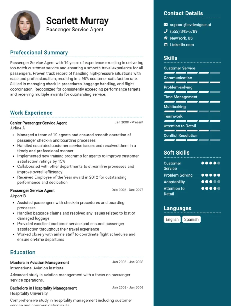 Passenger Service Agent CV Example For 2025: Top CV Skills