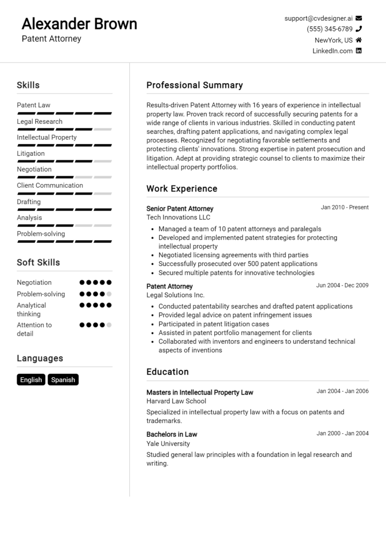 Patent Attorney Resume Example for 2025: Effective CV Writing Tips