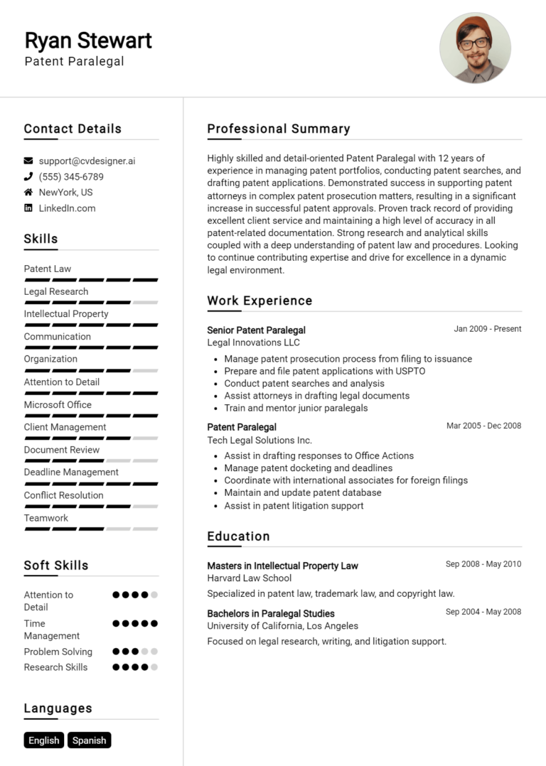Patent Paralegal Resume Example for 2025: Free Downloadable Templates