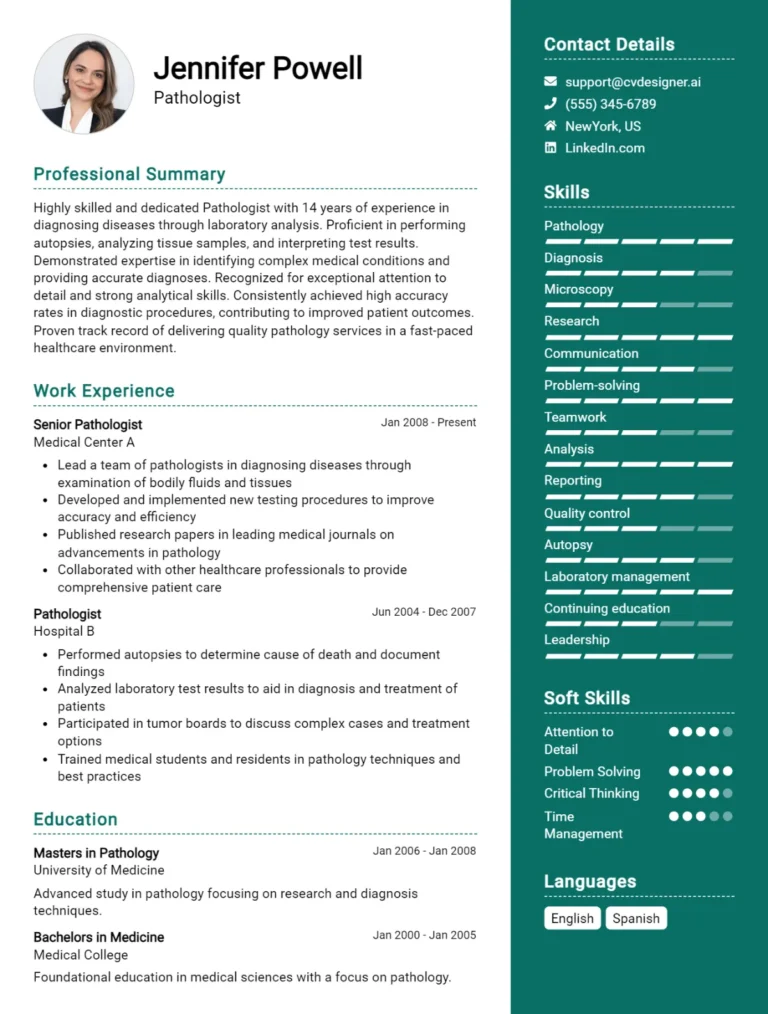 Pathologist CV Example For 2025: Free Professional Templates