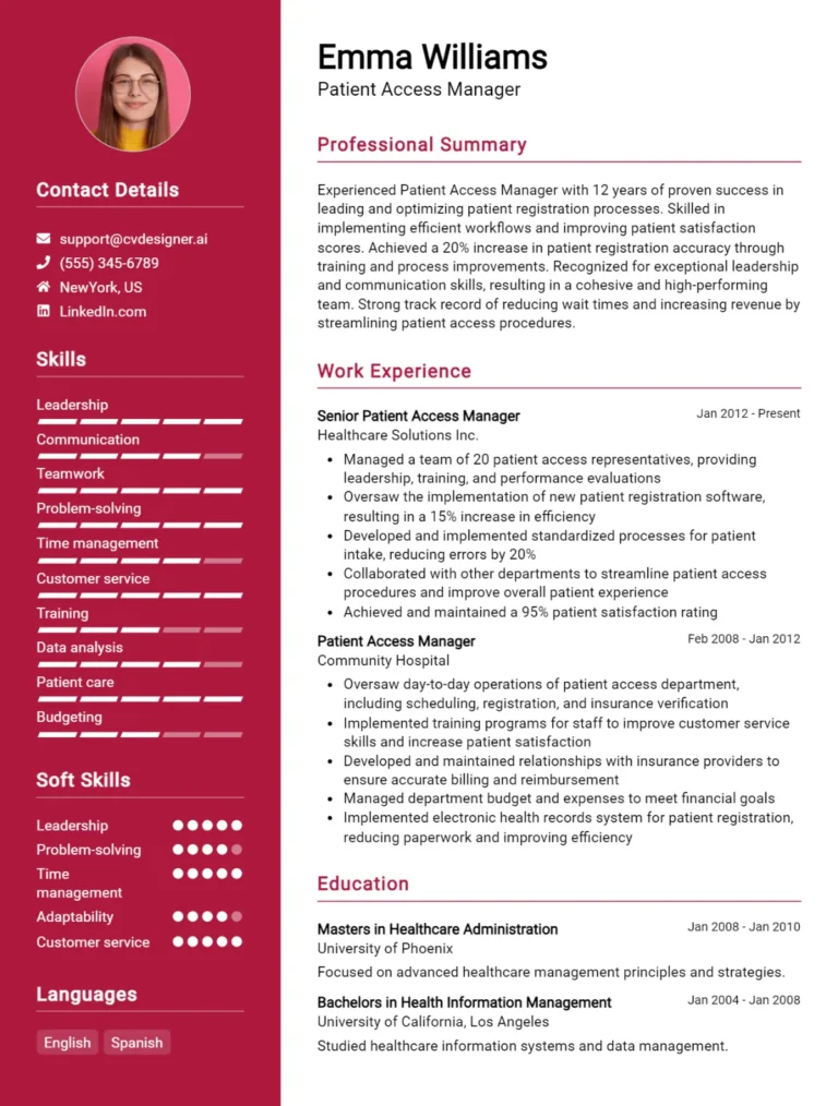 Patient Access Manager CV Example For 2025: Top CV Skills
