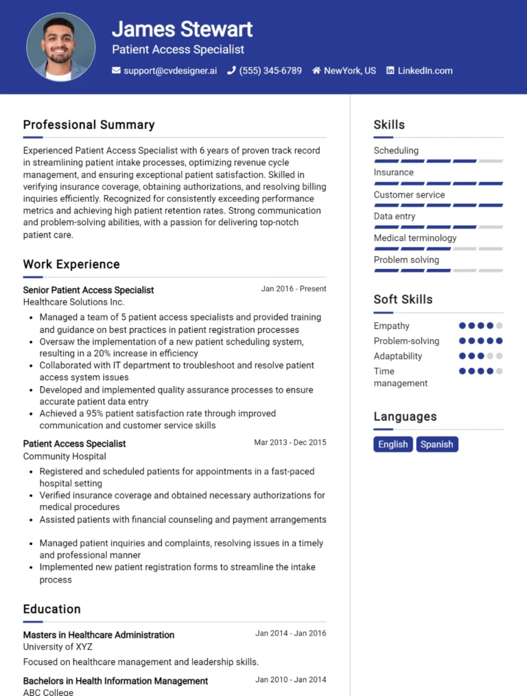 Patient Access Specialist CV Example For 2025: Tips & Templates