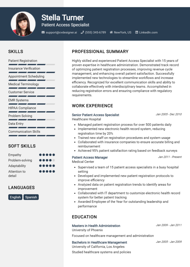 Patient Access Specialist Resume Example for 2025: How to Craft a Winning CV